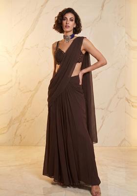 Brown Handwork Pre Draped Saree Set