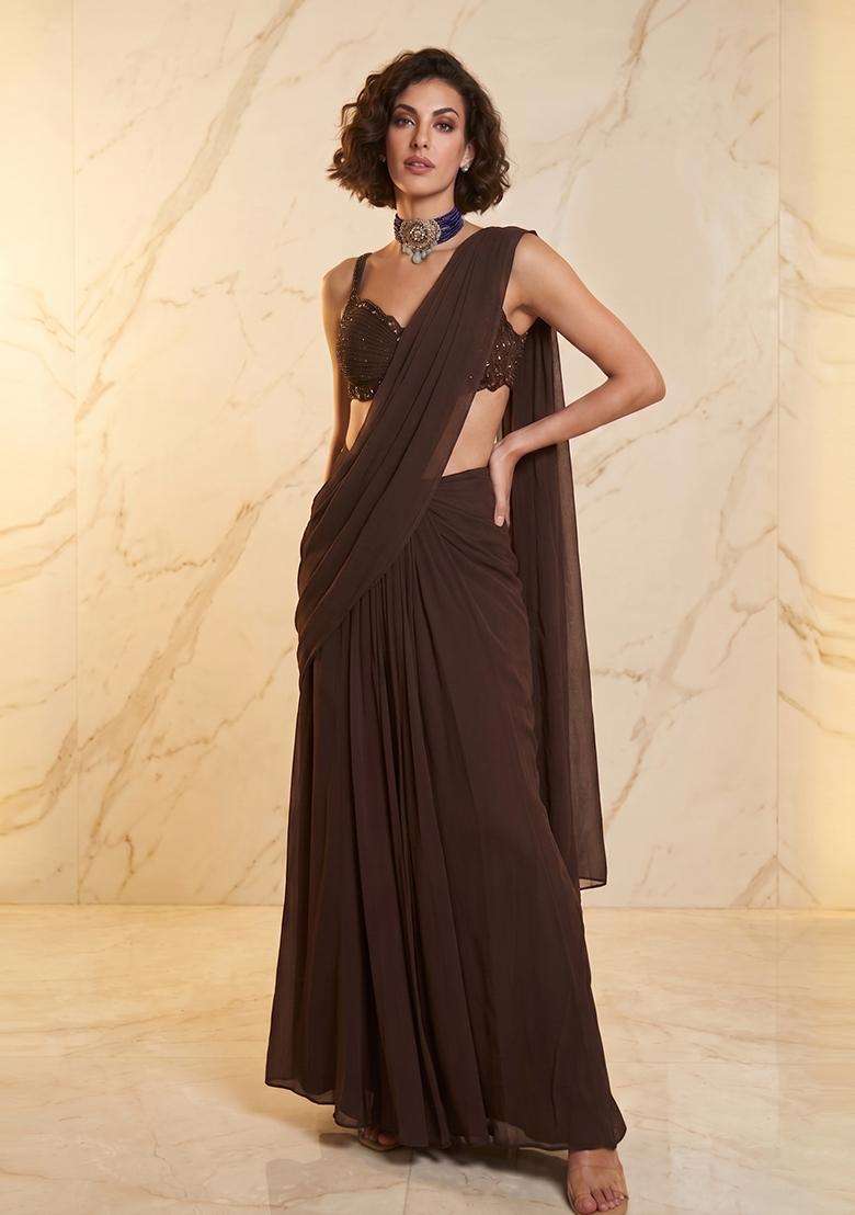 Brown Handwork Pre Draped Saree Set - Indya