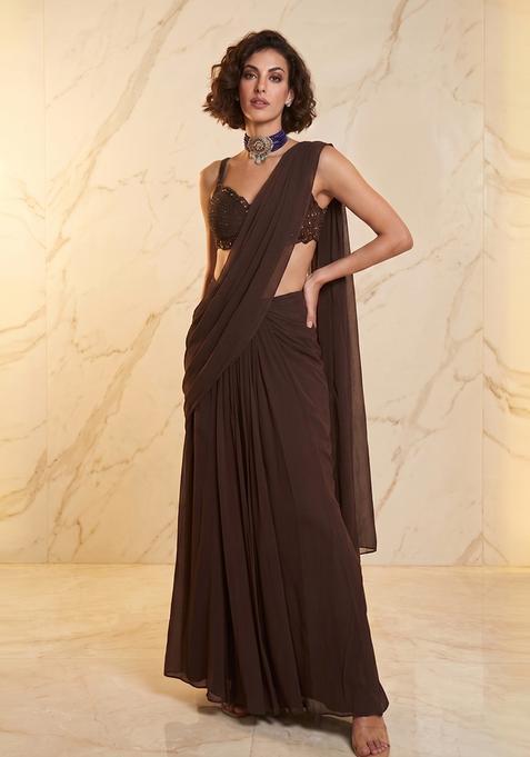 Brown Handwork Pre Draped Saree Set