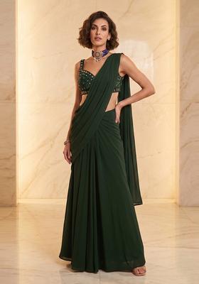 Dark Green Handwork Pre Draped Saree Set