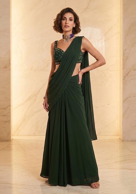 Dark Green Handwork Pre Draped Saree Set