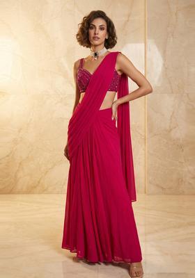 Magenta Handwork Pre Draped Saree Set