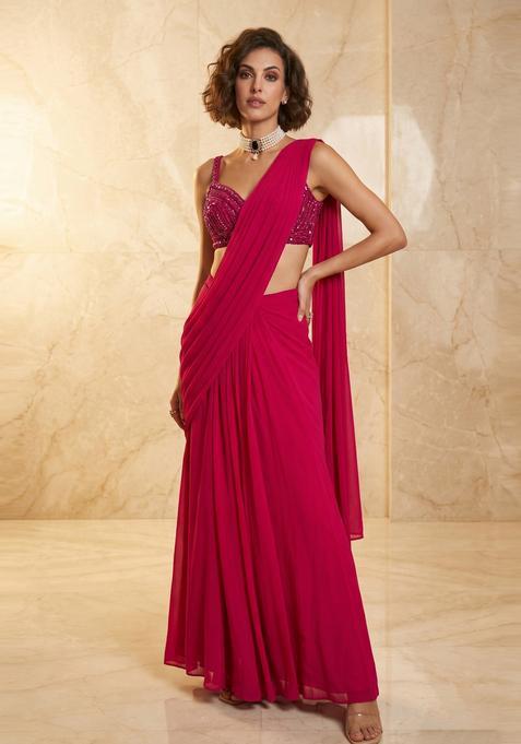 Magenta Handwork Pre Draped Saree Set