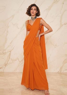 Rust Orange Handwork Pre Draped Saree Set