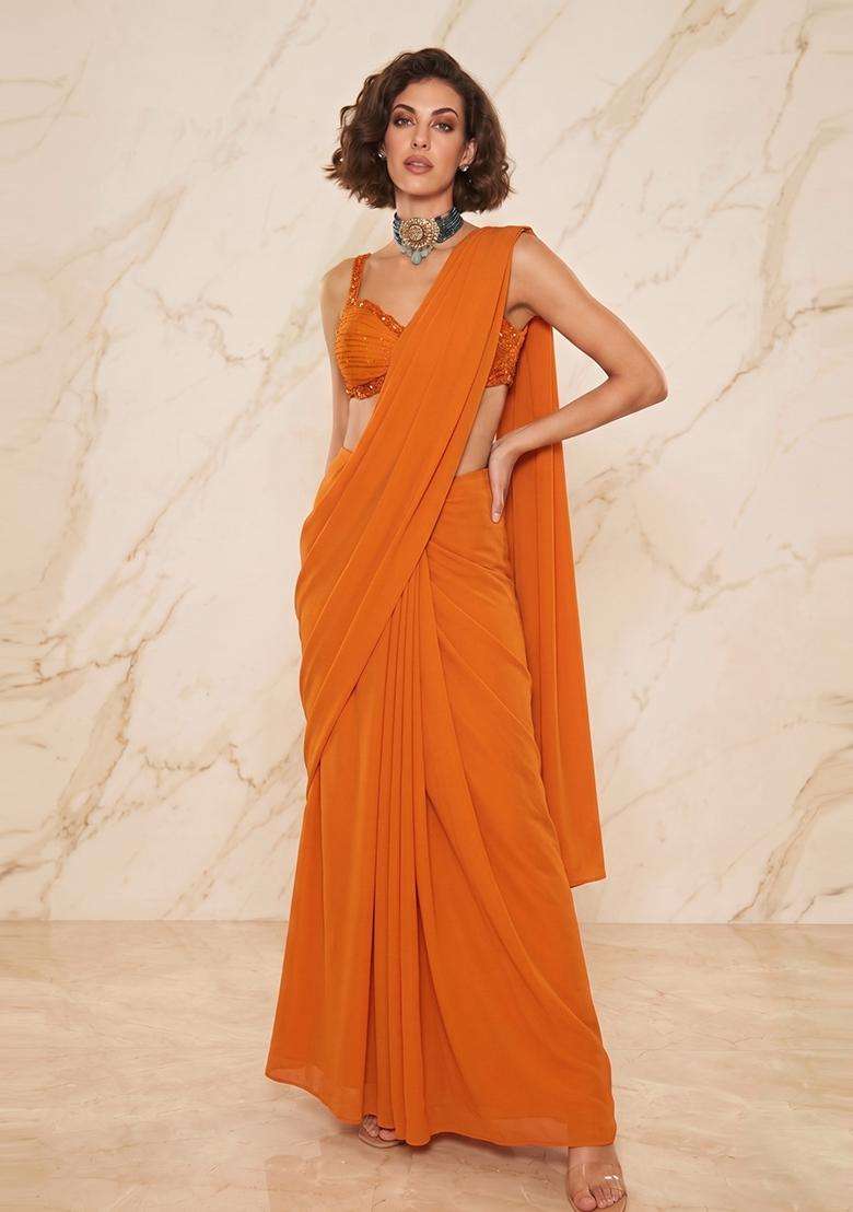 Rust Orange Handwork Pre Draped Saree Set - Indya