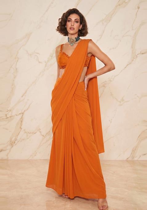 Rust Orange Handwork Pre Draped Saree Set