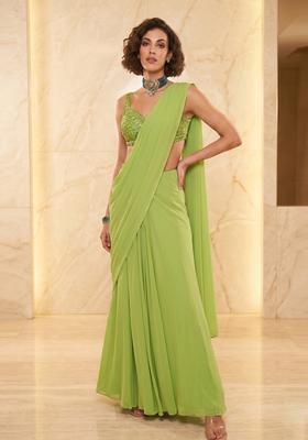 Lime Green Handwork Pre Draped Saree Set