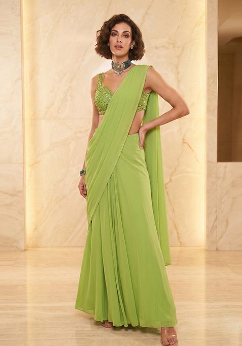 Lime Green Handwork Pre Draped Saree Set