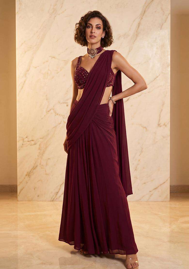 Wine Purple Handwork Pre Draped Saree Set - Indya