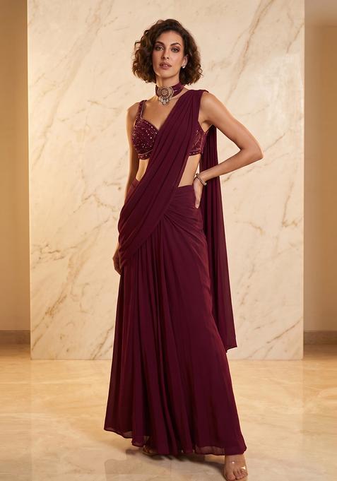 Wine Purple Handwork Pre Draped Saree Set