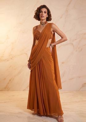 Rust Brown Handwork Pre Draped Saree Set