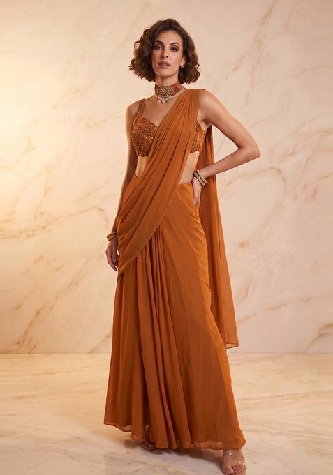 Rust Brown Handwork Pre Draped Saree Set