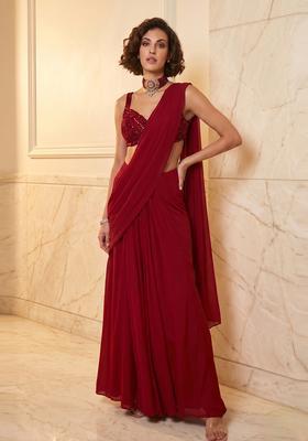 Crimson Red Handwork Pre Draped Saree Set