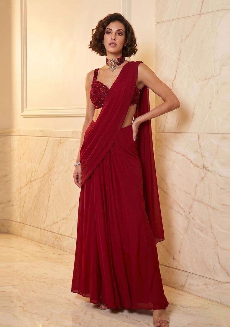 Crimson Red Handwork Pre Draped Saree Set - Indya