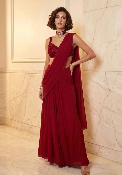 Crimson Red Handwork Pre Draped Saree Set