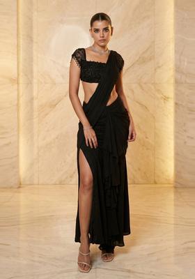 Black Handwork Pre Draped Saree Set