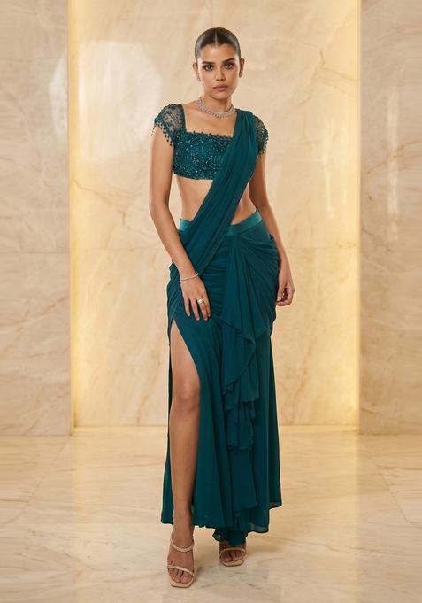 Teal Blue Handwork Pre Draped Saree Set