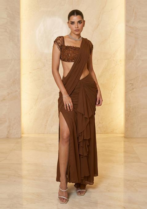 Dark Purple Handwork Pre Draped Saree Set