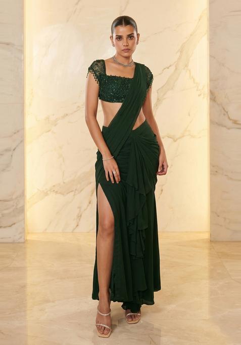 Emerald Green Handwork Pre Draped Saree Set
