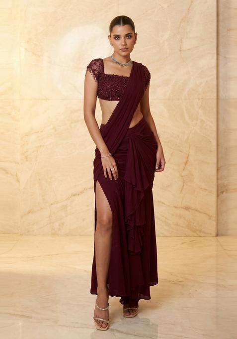 Deep Maroon Handwork Pre Draped Saree Set