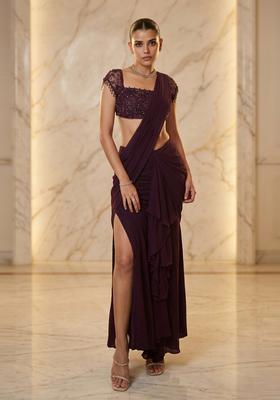Plum Purple Handwork Pre Draped Saree Set