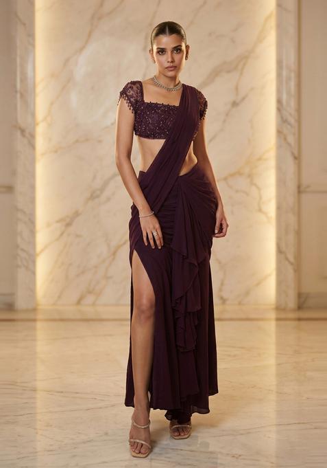 Plum Purple Handwork Pre Draped Saree Set