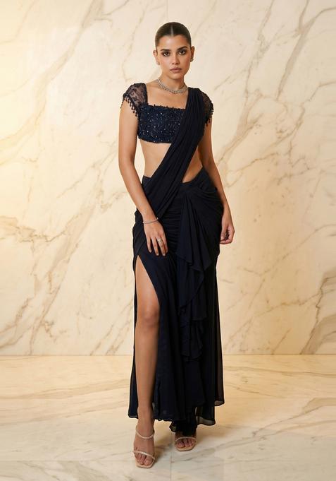 Navy Blue Handwork Pre Draped Saree Set
