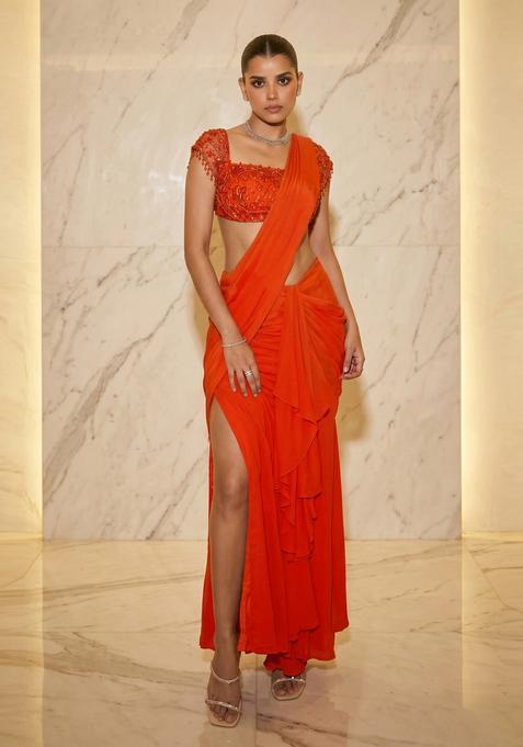 Bright Orange Handwork Pre Draped Saree Set