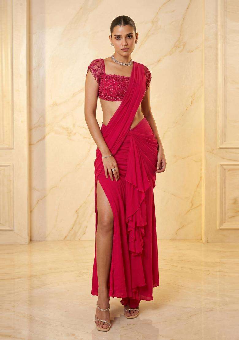 Pink Handwork Pre Draped Saree Set - Indya