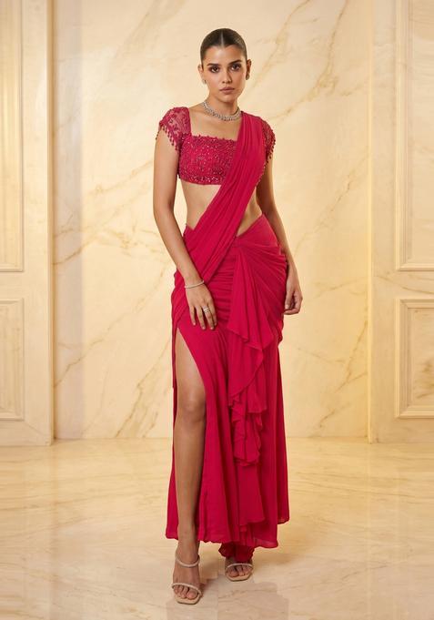 Pink Handwork Pre Draped Saree Set