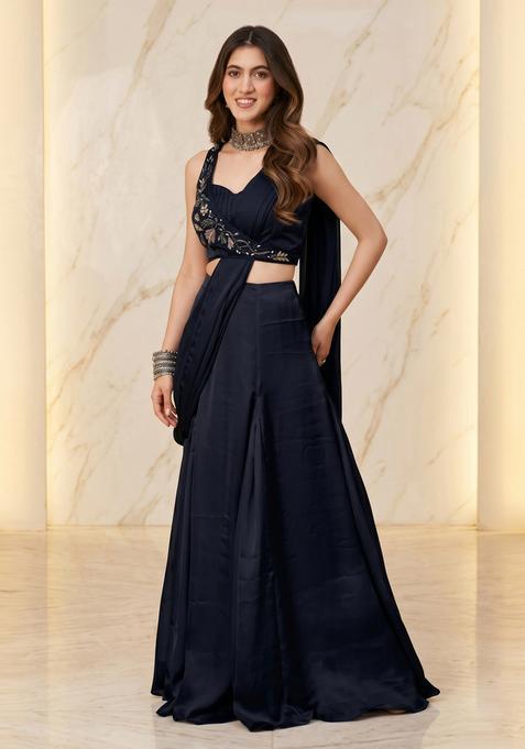 Black Handwork Pre Draped Saree Set