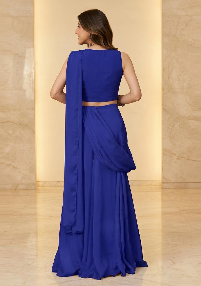 Royal Blue Handwork Pre Draped Saree Set - Indya