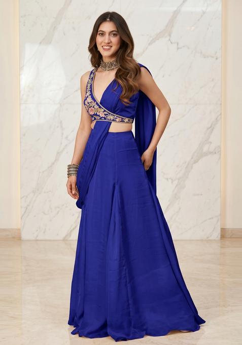 Royal Blue Handwork Pre Draped Saree Set