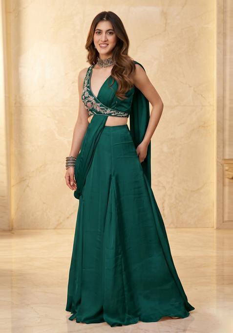 Emerald Green Handwork Pre Draped Saree Set