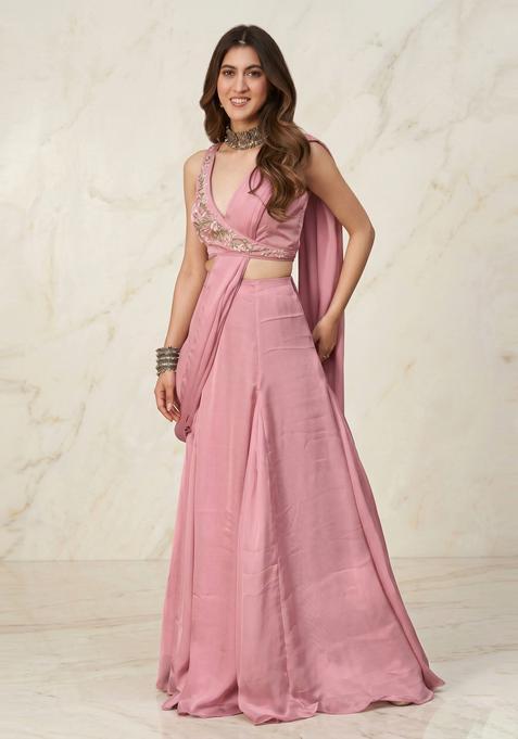 Dusty Pink Handwork Pre Draped Saree Set
