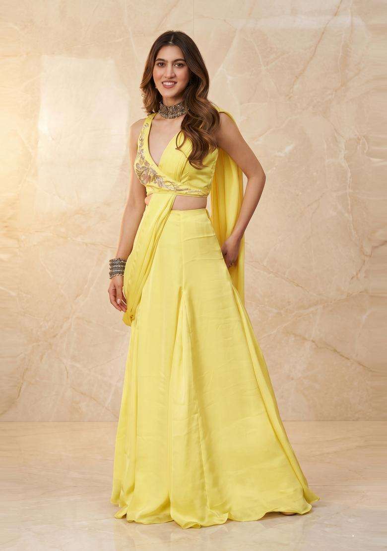 Lemon Yellow Handwork Pre Draped Saree Set - Indya