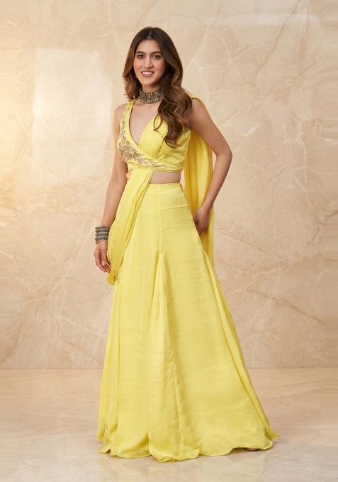Lemon Yellow Handwork Pre Draped Saree Set