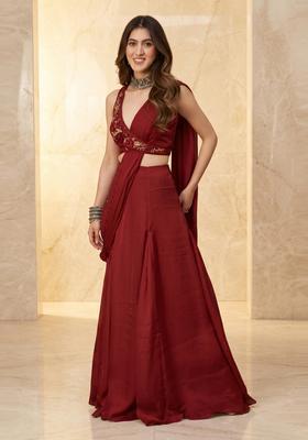 Maroon Handwork Pre Draped Saree Set