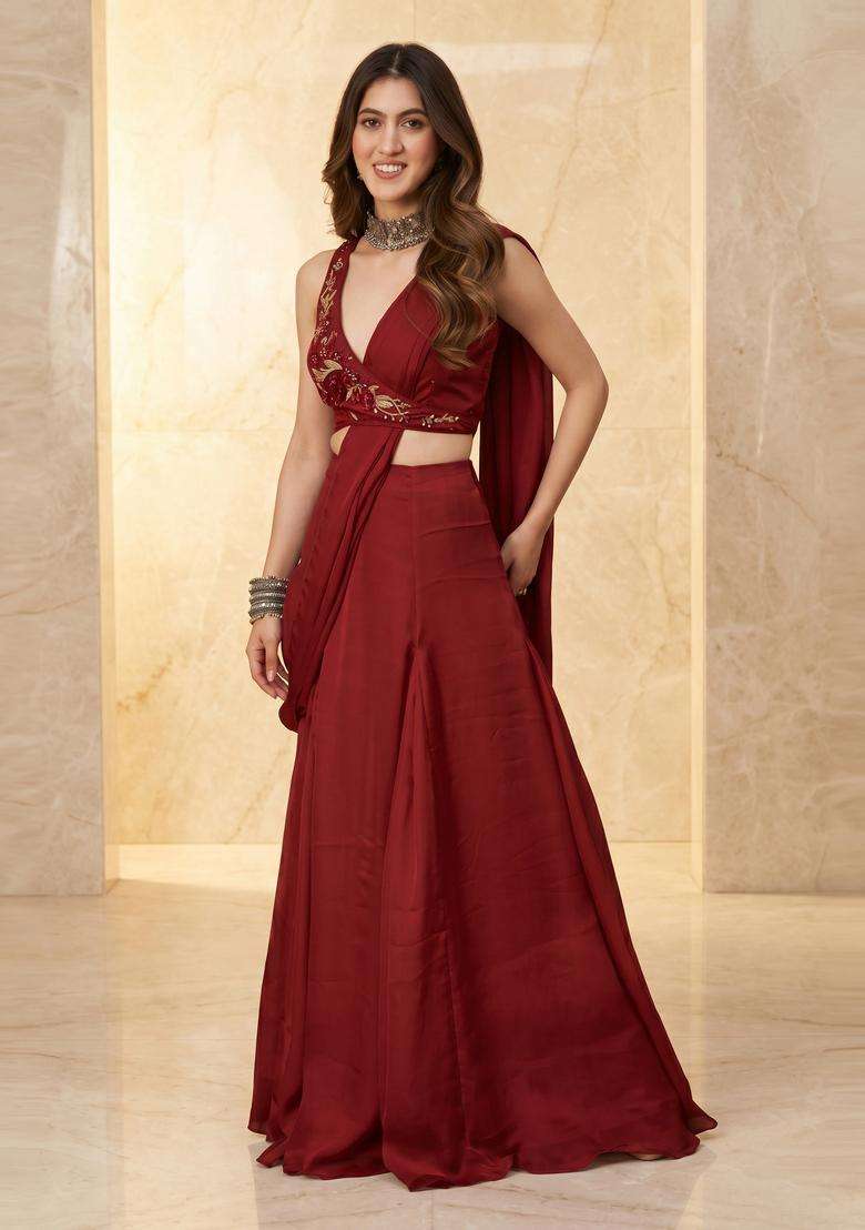 Maroon Handwork Pre Draped Saree Set - Indya