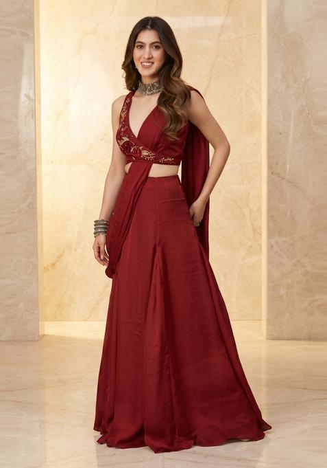 Maroon Handwork Pre Draped Saree Set