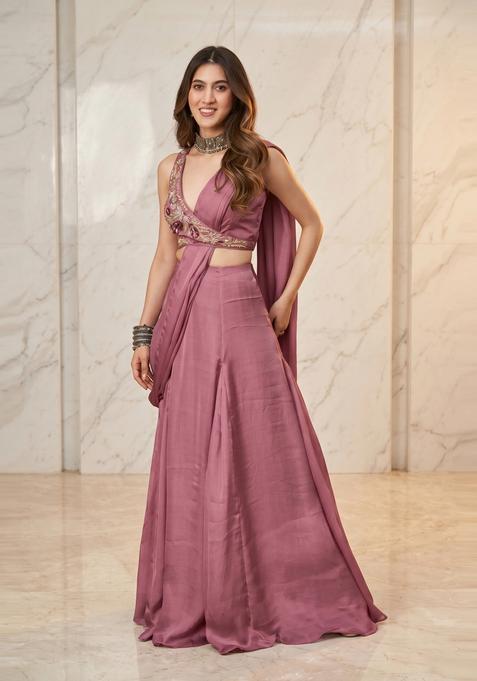 Mauve Handwork Pre Draped Saree Set