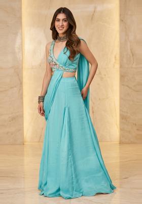 Turquoise Blue Handwork Pre Draped Saree Set