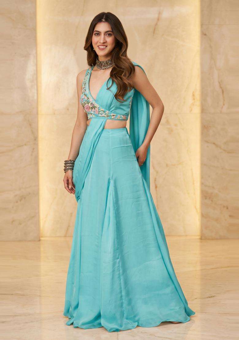 Turquoise Blue Handwork Pre Draped Saree Set - Indya