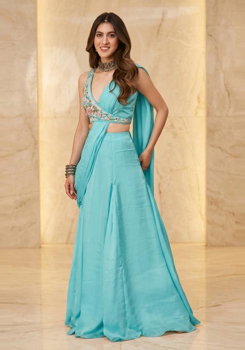 Turquoise Blue Handwork Pre Draped Saree Set