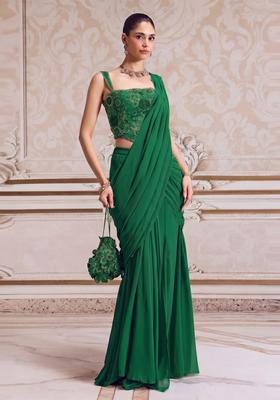 Emerald Green Handwork Pre Draped Saree Set