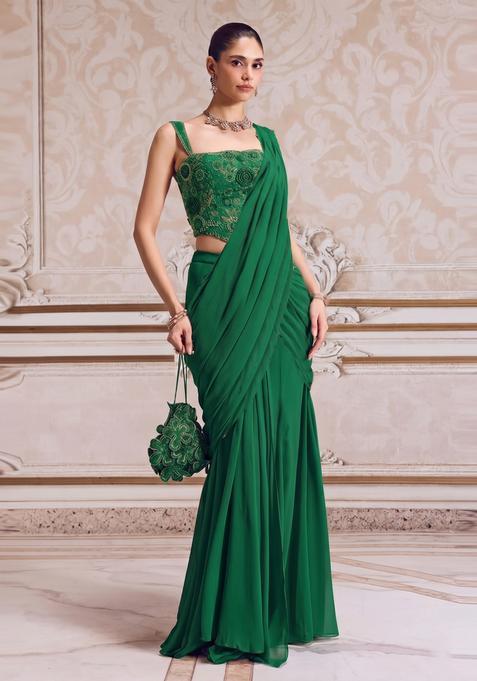 Emerald Green Handwork Pre Draped Saree Set