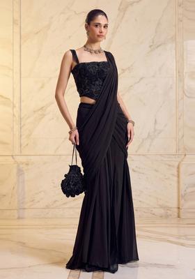 Black Handwork Pre Draped Saree Set