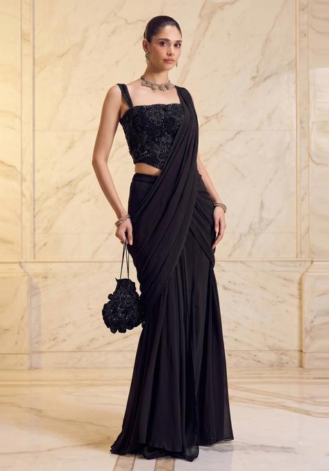 Black Handwork Pre Draped Saree Set