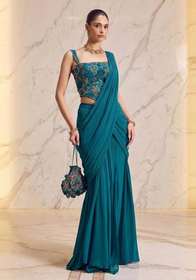 Teal Handwork Pre Draped Saree Set