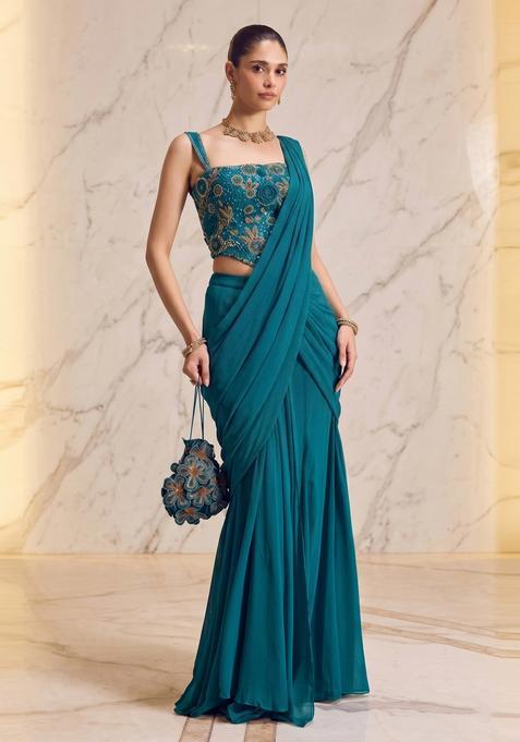 Teal Handwork Pre Draped Saree Set